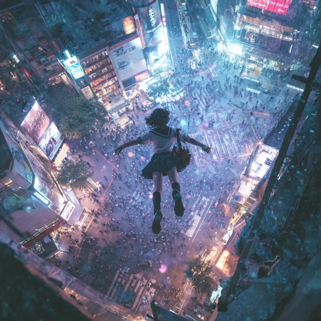 Cyberpunk Girl Floating Above Shibuya