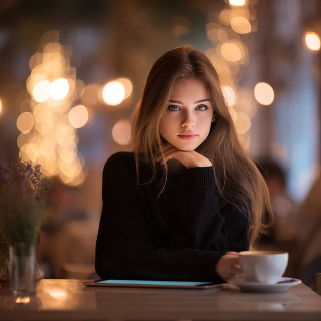 Young Woman in Cafe with Tablet Calm and Creative