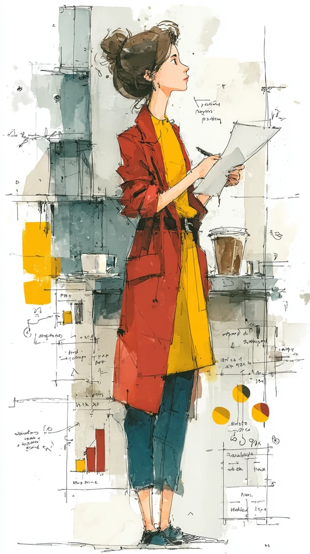 Executive Woman Reviewing Report Watercolor Art