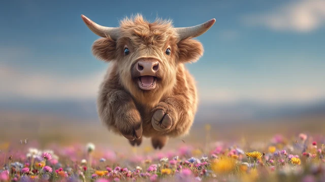 Happy Baby Longhorn Buffalo Jumping in a Meadow