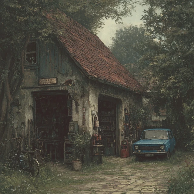 Polish Repair Shop Vintage Garage Painting