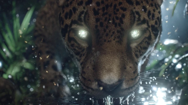 Jaguar Drinking in Magical Jungle CloseUp