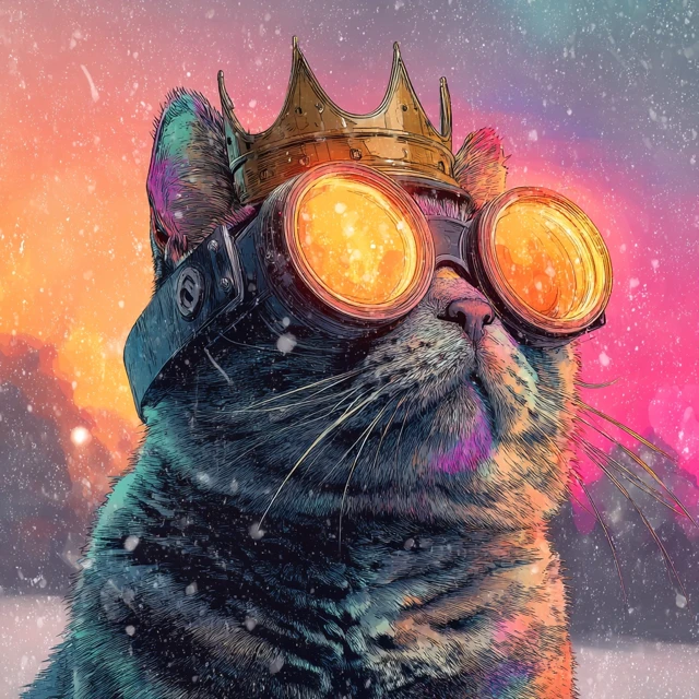 Cool Cat with Crown and VR Glasses Synthwave Art