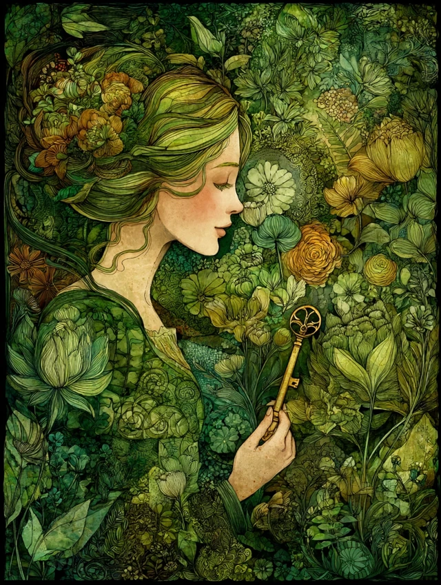 Woman with Key in Moss Green Amanda Sage Style
