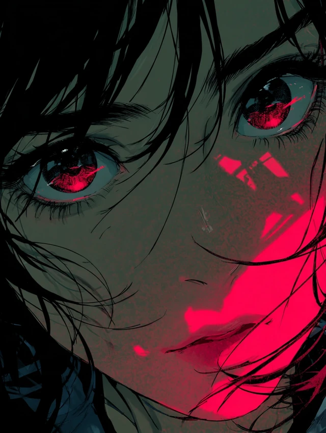 Anime Girl Eyes Glowing in Red Light