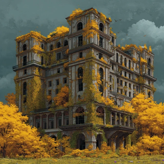 Overgrown Building in Solarpunk Style Autumn Foliage
