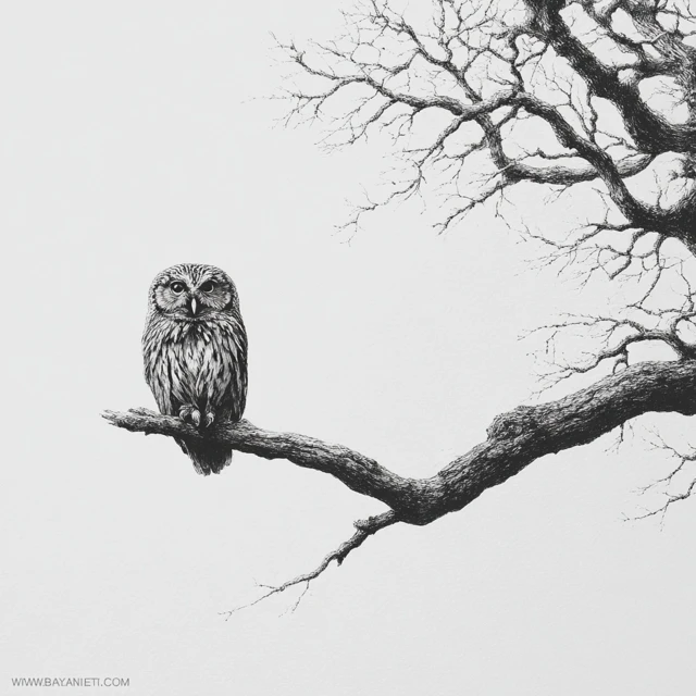 Owl on Branch Black and White Art