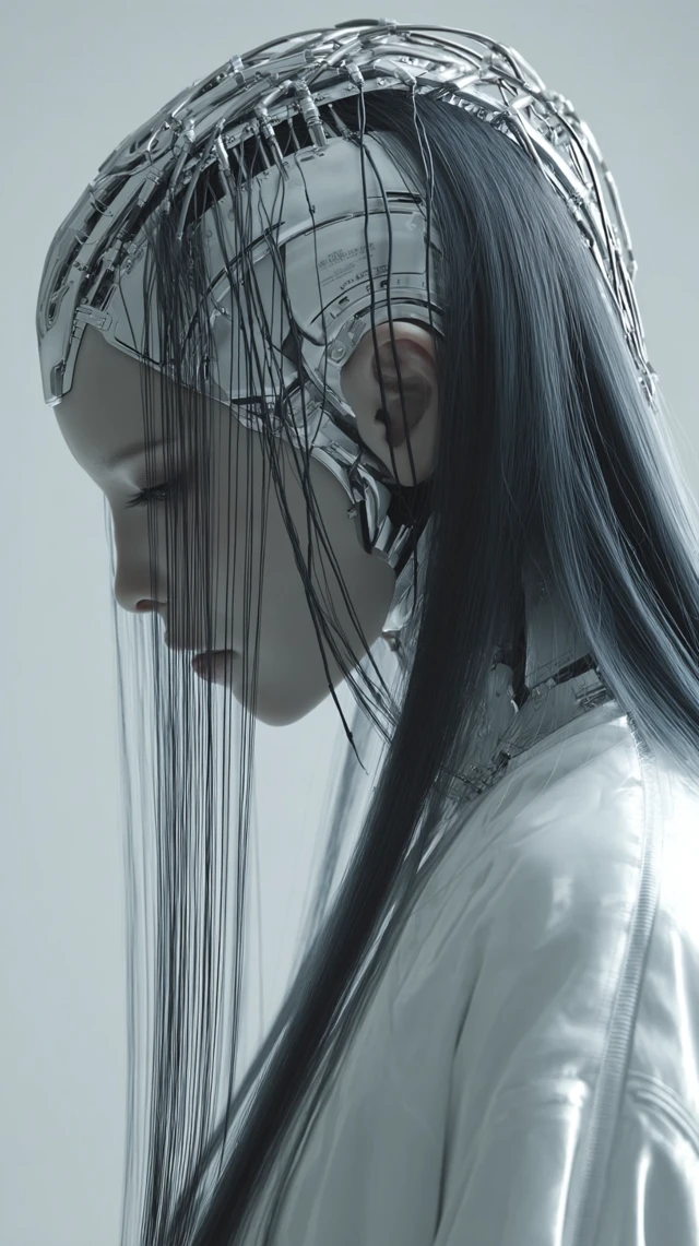 Cyberpunk Robotic Girl Long Hair 3D Rendering
