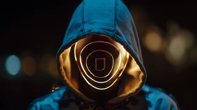 Hooded Figure with LED Target Mask at Night