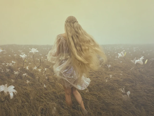 Surreal Blonde Woman Running Through Lilies Ethereal Scene