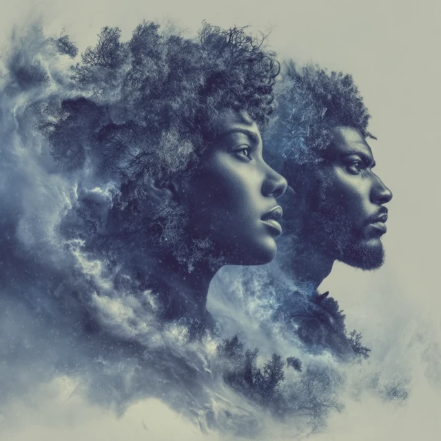 African American Faces in 3D Double Exposure