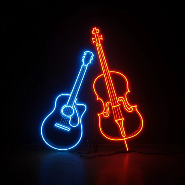 Neon Guitar Cello Art Black Background