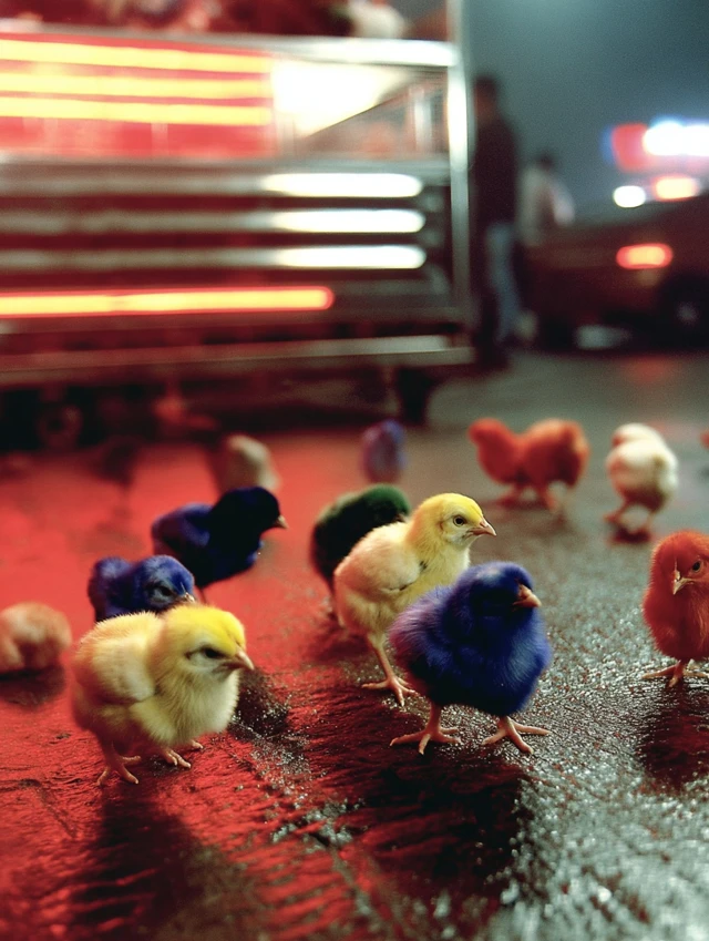Vividly Colored Chicks Urban Scene