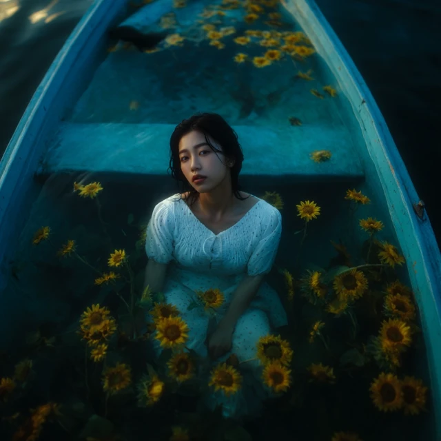 Asian Girl in a Boat on a Lake with Sunflowers