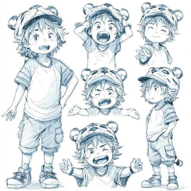 Cute Boy with Tiger Hat in Various Poses and Expressions