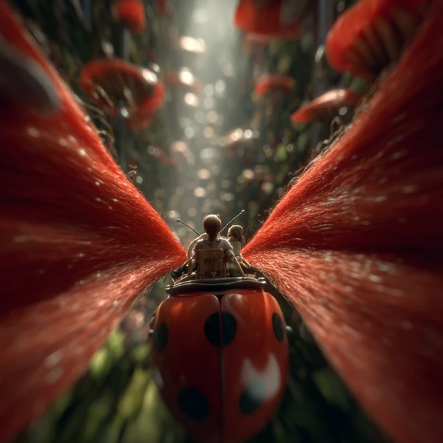 Ladybug Flight Through Oversized Flower Forest