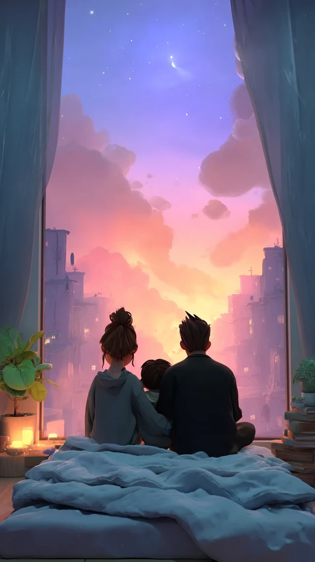 Family Watching the Sunset Together 3D Render