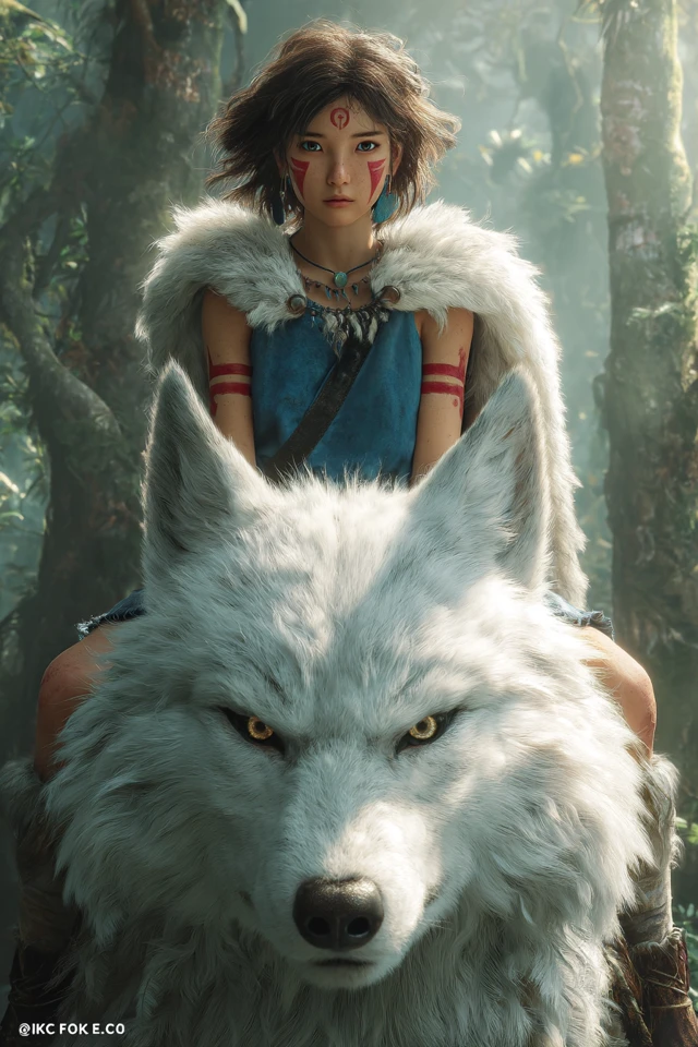 Young Girl and White Wolf in Mystical Forest Photo