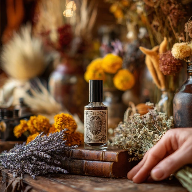 Perfume Bottle with Botanical Background