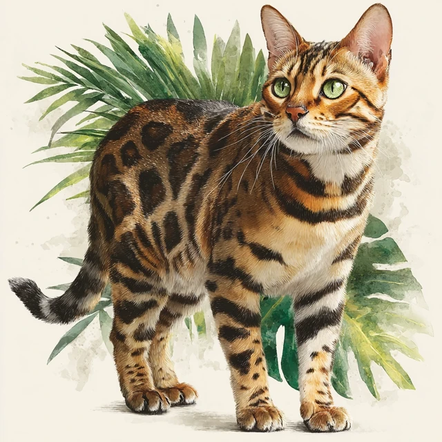 Bengal Cat Watercolor Illustration Alert and Focused