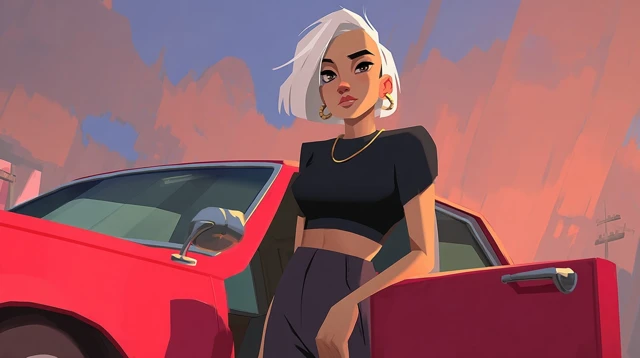 Disney Style Woman and Car Illustration