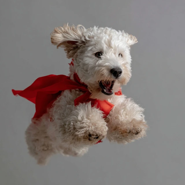 Super Dog Fluffy White Dog with Red Cape Flying