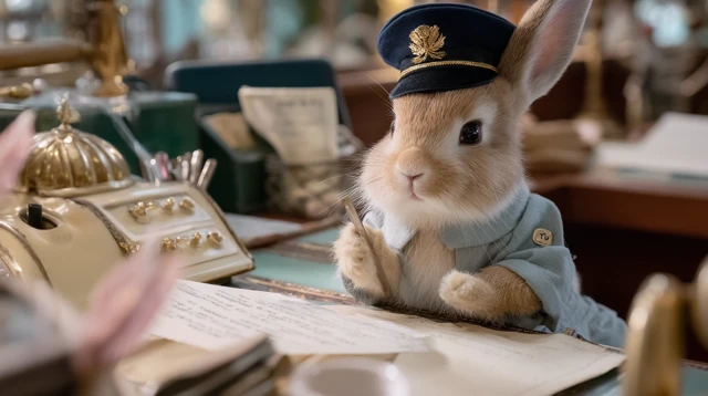 Cute Bunny in Uniform Answering Phone