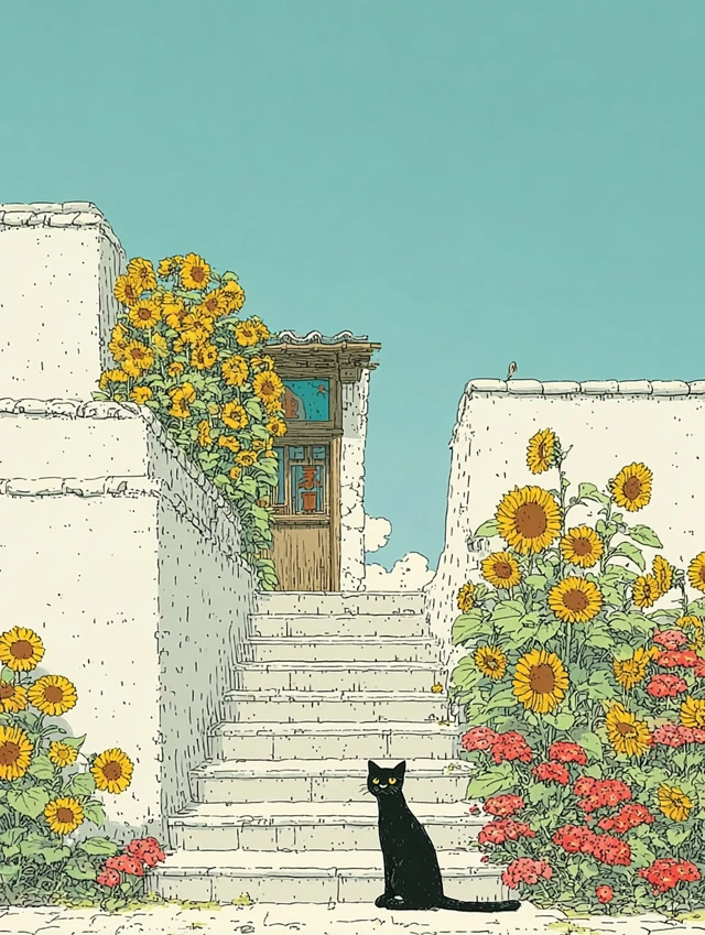 Black Cat on Stairs Hokusai Tatsuro Kiuchi Art