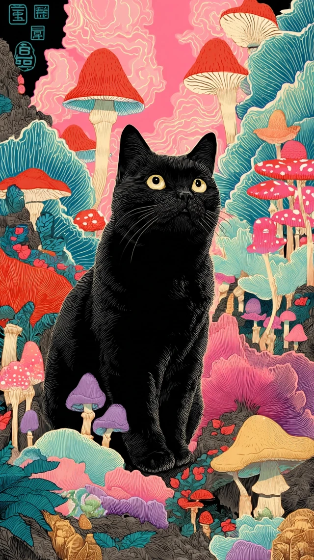 Black Cat Trippy Art with Magic Mushrooms