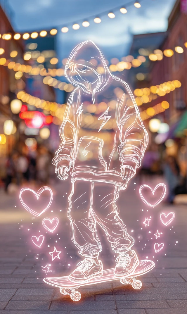 Neon Skateboarder in the City at Golden Hour