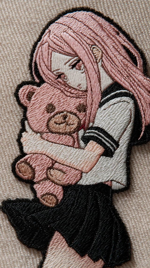 Anime Embroidered Patch Shy Girl With Teddy Bear