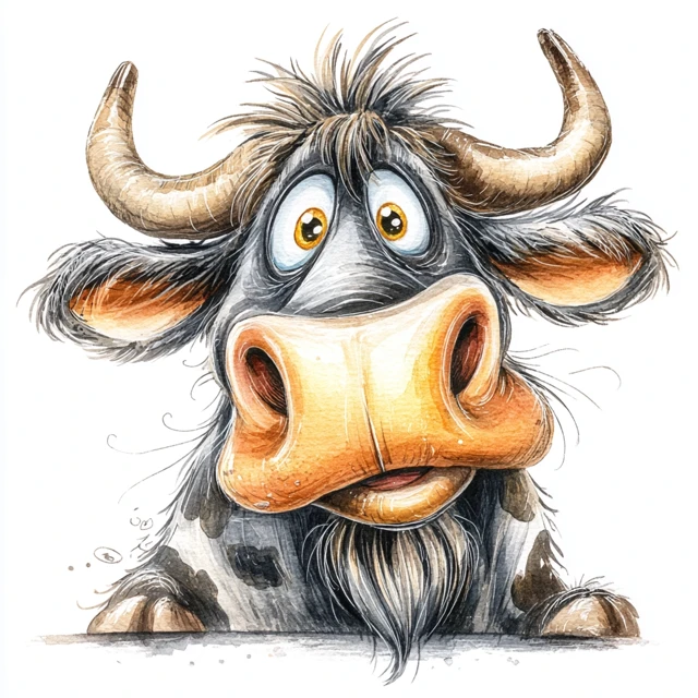 Cartoon Ox Watercolor Painting With Big Eyes
