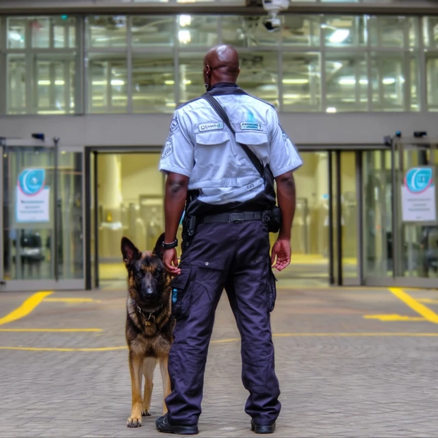 Security Guard with K9 German Shepherd at Entrance