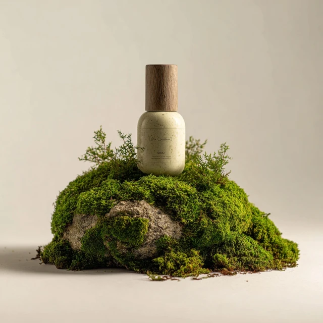 Product Photography Cream Bottle on Moss Minimalist Style