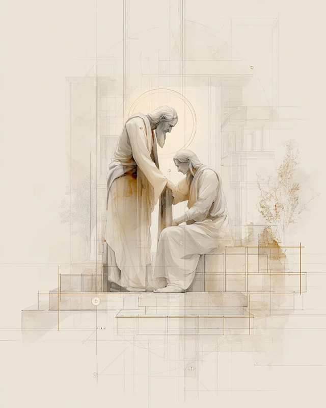 Guru and Disciple Architectural Line Art Illustration