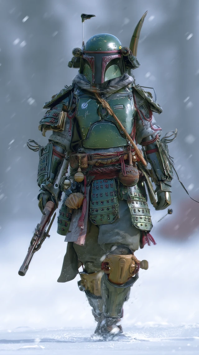 Boba Fett Samurai Armor In Snowy Battlefield