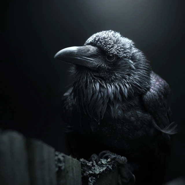 Black Crow Perched on Fence in Dark Scene