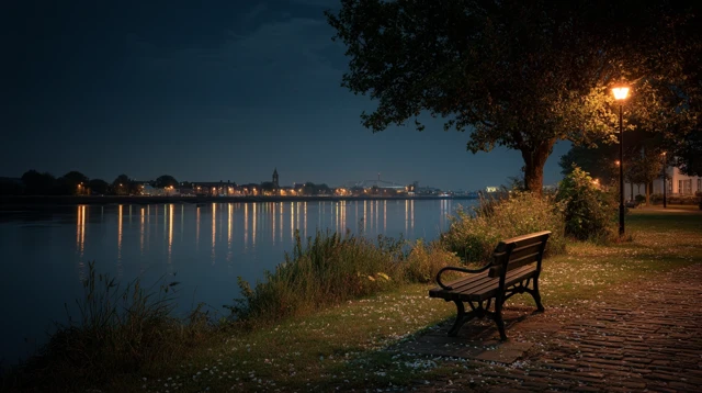 Riverside Bench at Night Cinematic Scene
