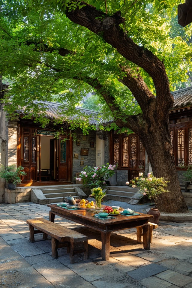 Chinese Courtyard Summer Tea Time Under a Ginkgo Tree