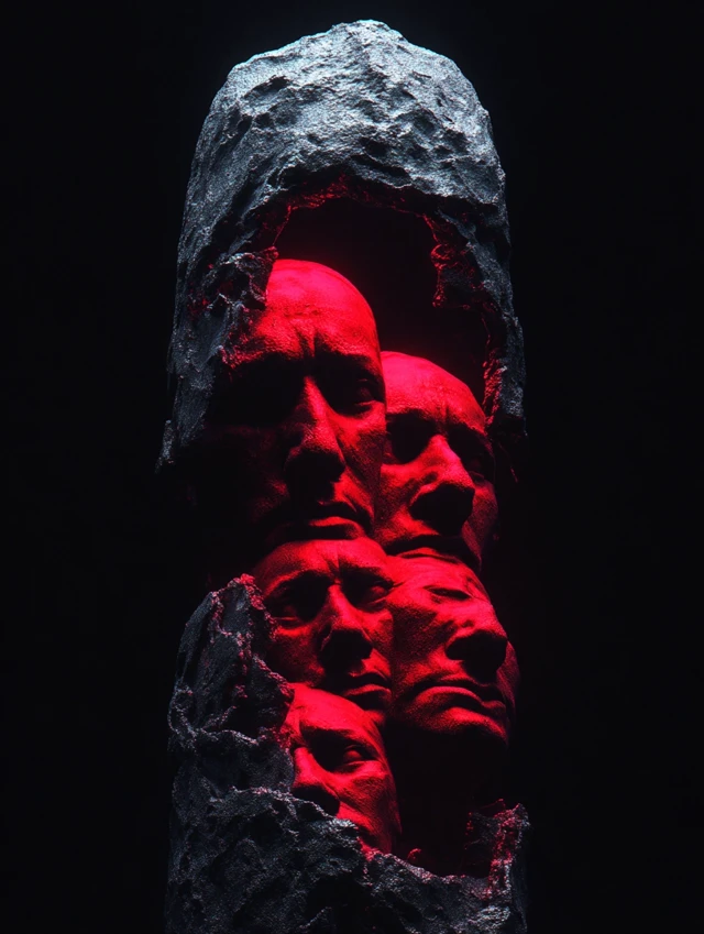 Red Faces Pillar Dark Cinematic Grunge
