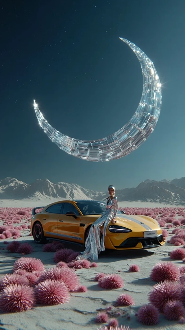 Surrealist Car Scene Crystal Moon Purple Flowers Desert