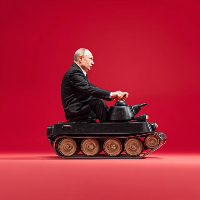 Russian Leader Driving Toy Tank Red Background
