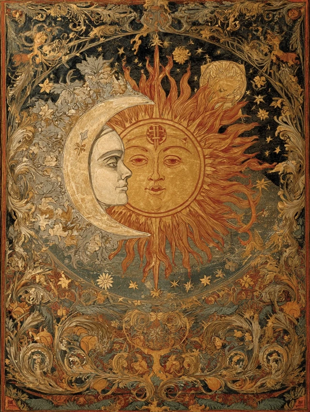 Vintage Celestial Floral Sun Moon Stars Painting Art