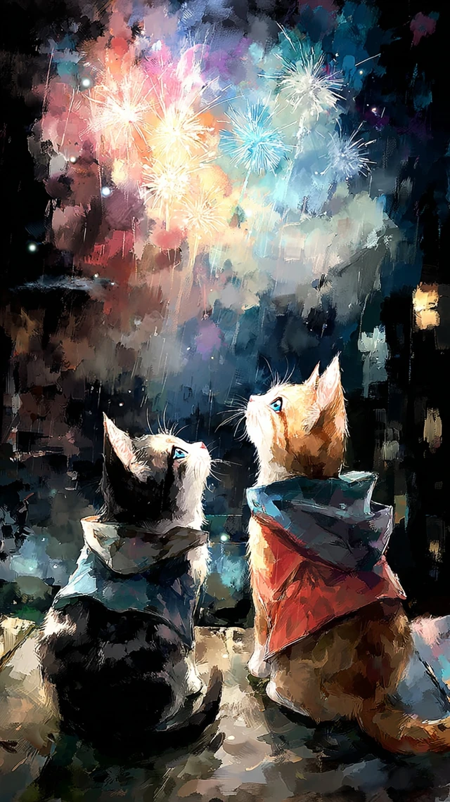 Kittens Ponchos Fireworks Japanese Summer Night