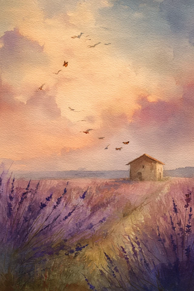Lavender Field at Sunrise Watercolor Painting