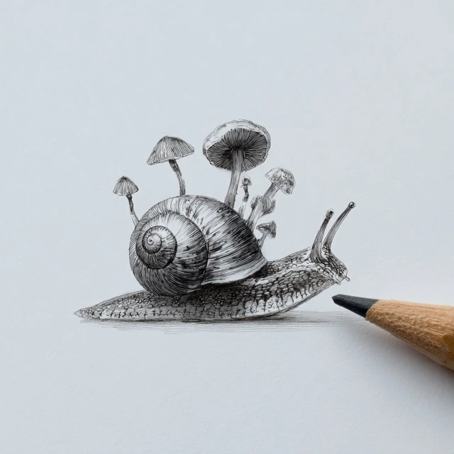 Microrealism Snail with Mushrooms Art