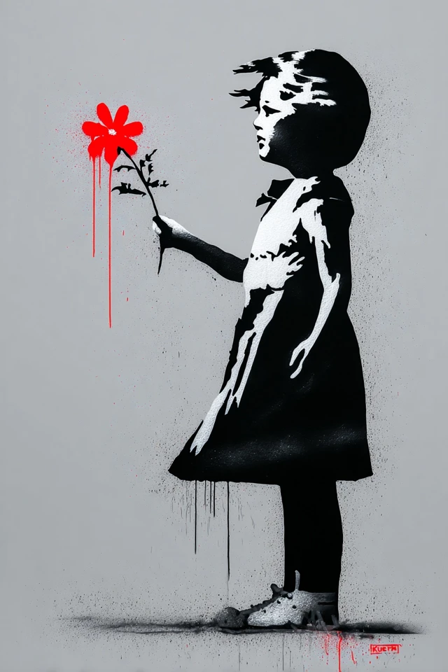 Banksy Inspired Girl with Red Flower Art