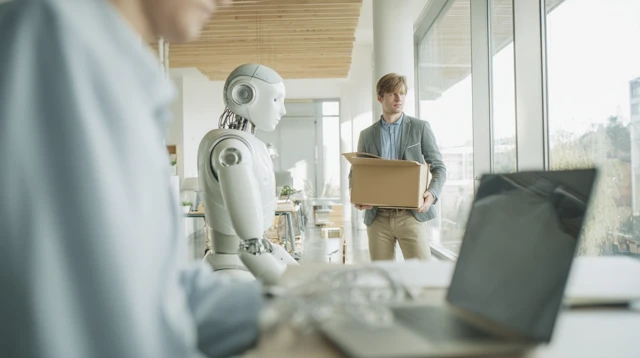 Robot and Fired Employee Modern Office Scene