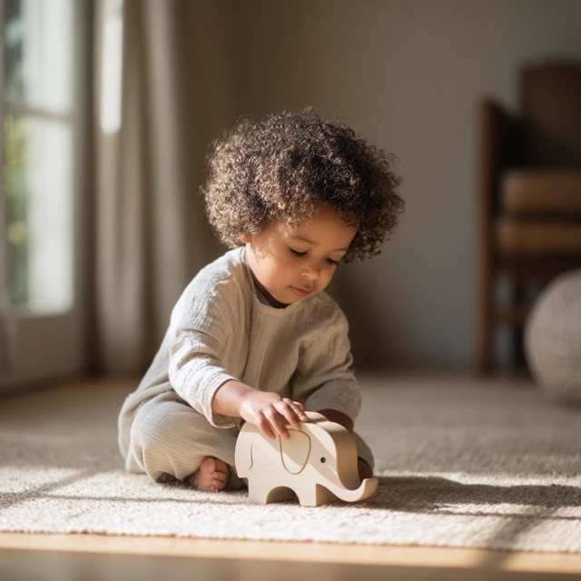 Child Playing with Wooden Toy Scandinavian Lifestyle