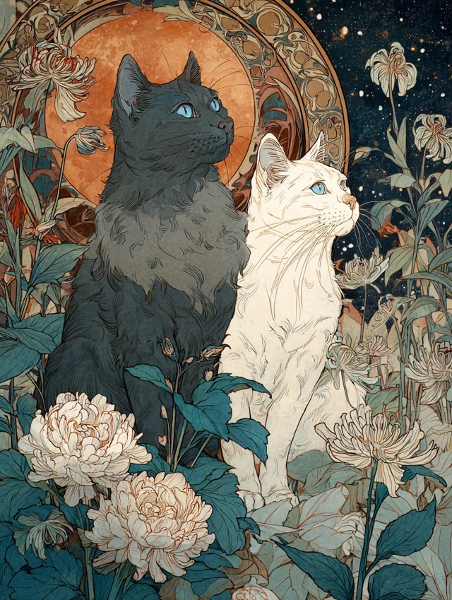 Art Nouveau Cats in Moonlight Painting by Alfons Mucha